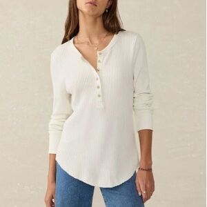 Faherty Cream Ribbed Henley Long Sleeve Top